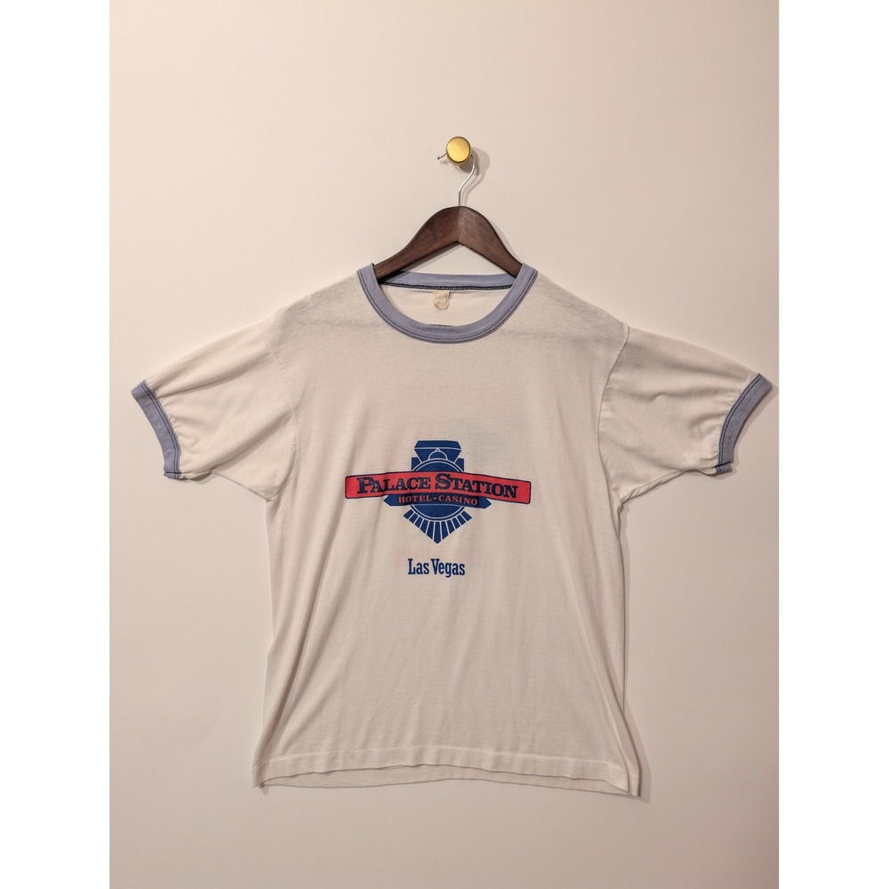 Palace Station Las Vegas Ringer Tee Mens L White 1986 Vintage Casino Shirt 80s